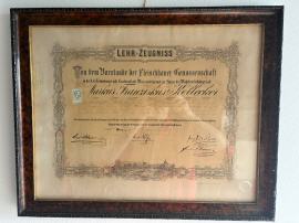 Der Gesellenbrief meines Ur Ur Ur Gro�vaters Markus Franziskus Kollecker aus dem Jahr 1848 - dieser hat die Firma damals als Fleischselcher gegr�ndet.